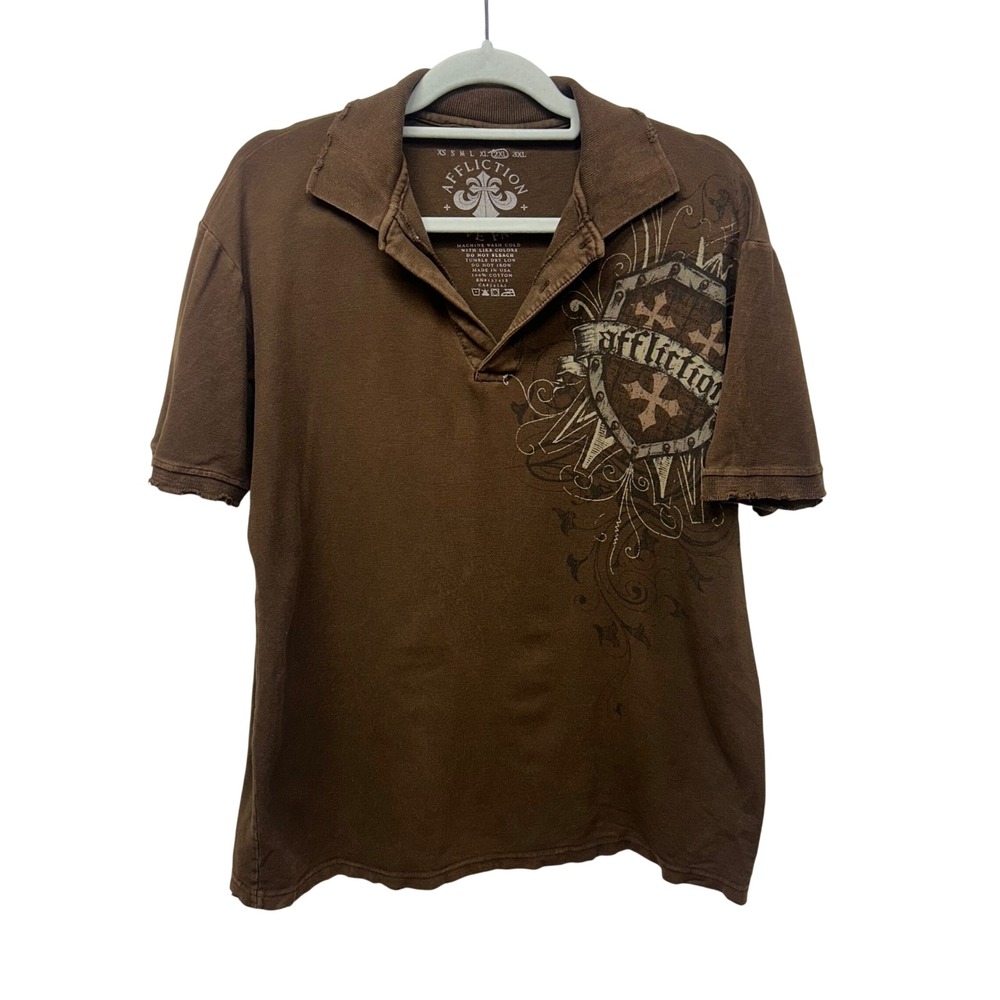 Affliction 2XL Brown Winged Skeleton Graphic Polo Shirt Distressed y2k Grunge